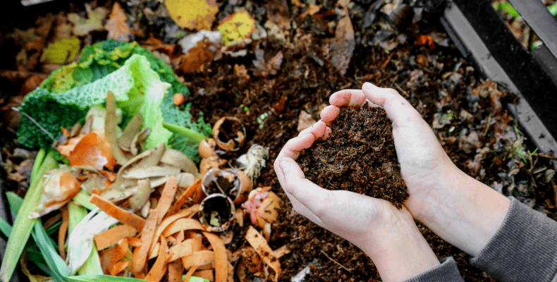 Bin of soil with compost and hands scooping nutrient packed soil into shape of a heart.